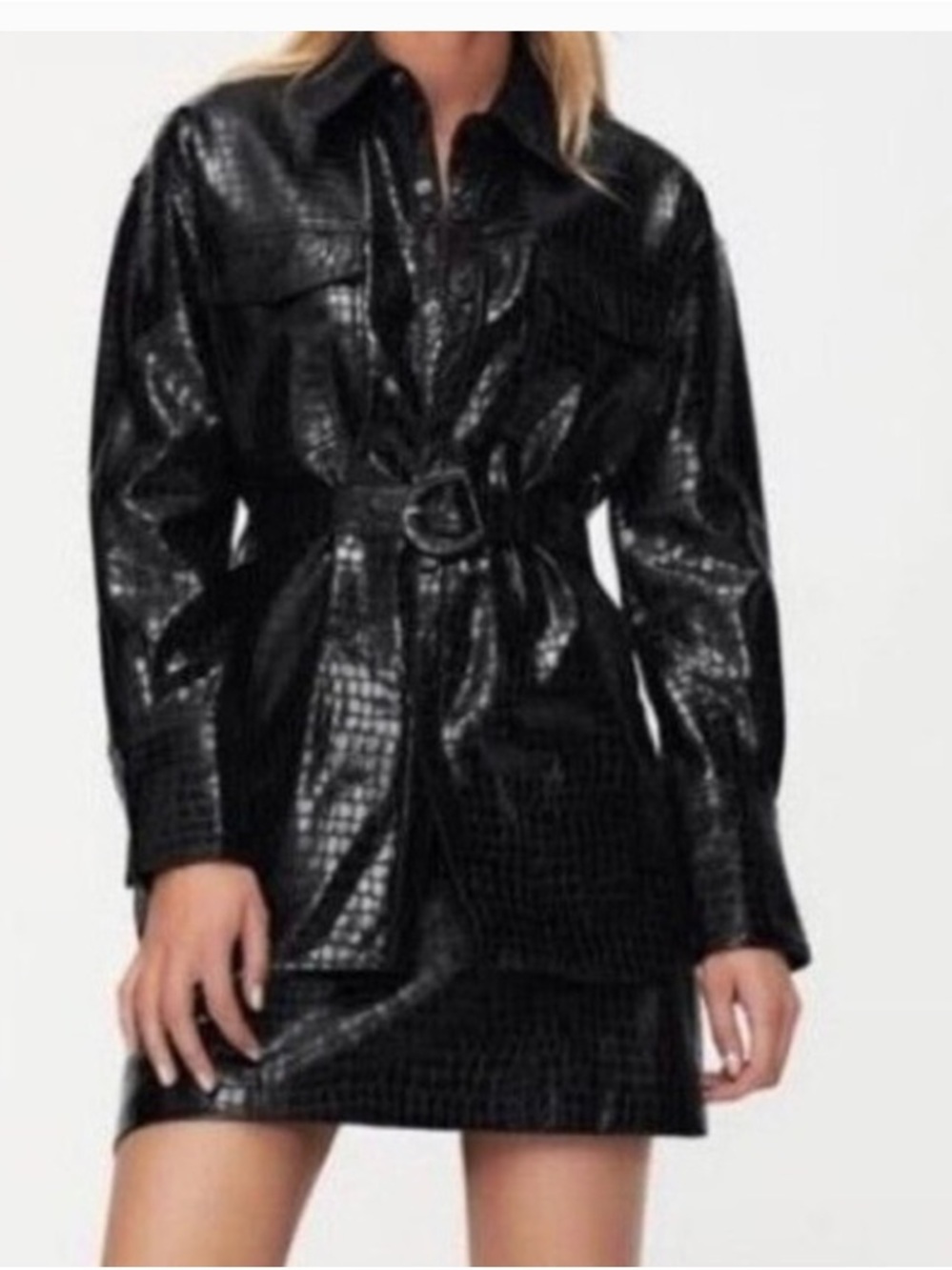 Zara Black Croc-Embossed Belted Leather Jacket
